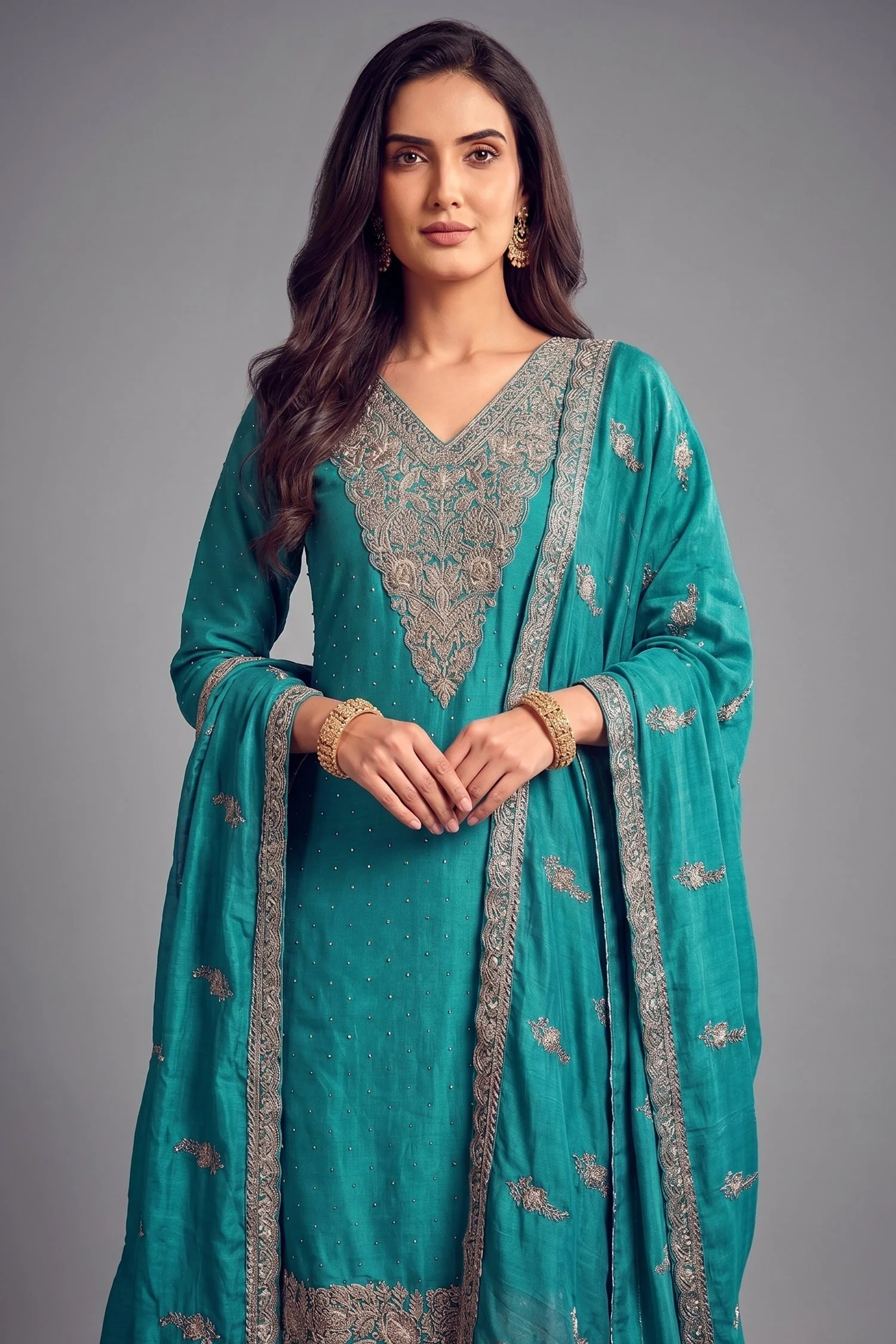 Turquoise Blue Art Silk Floral Embroidered Palazzo Suit - Image 2
