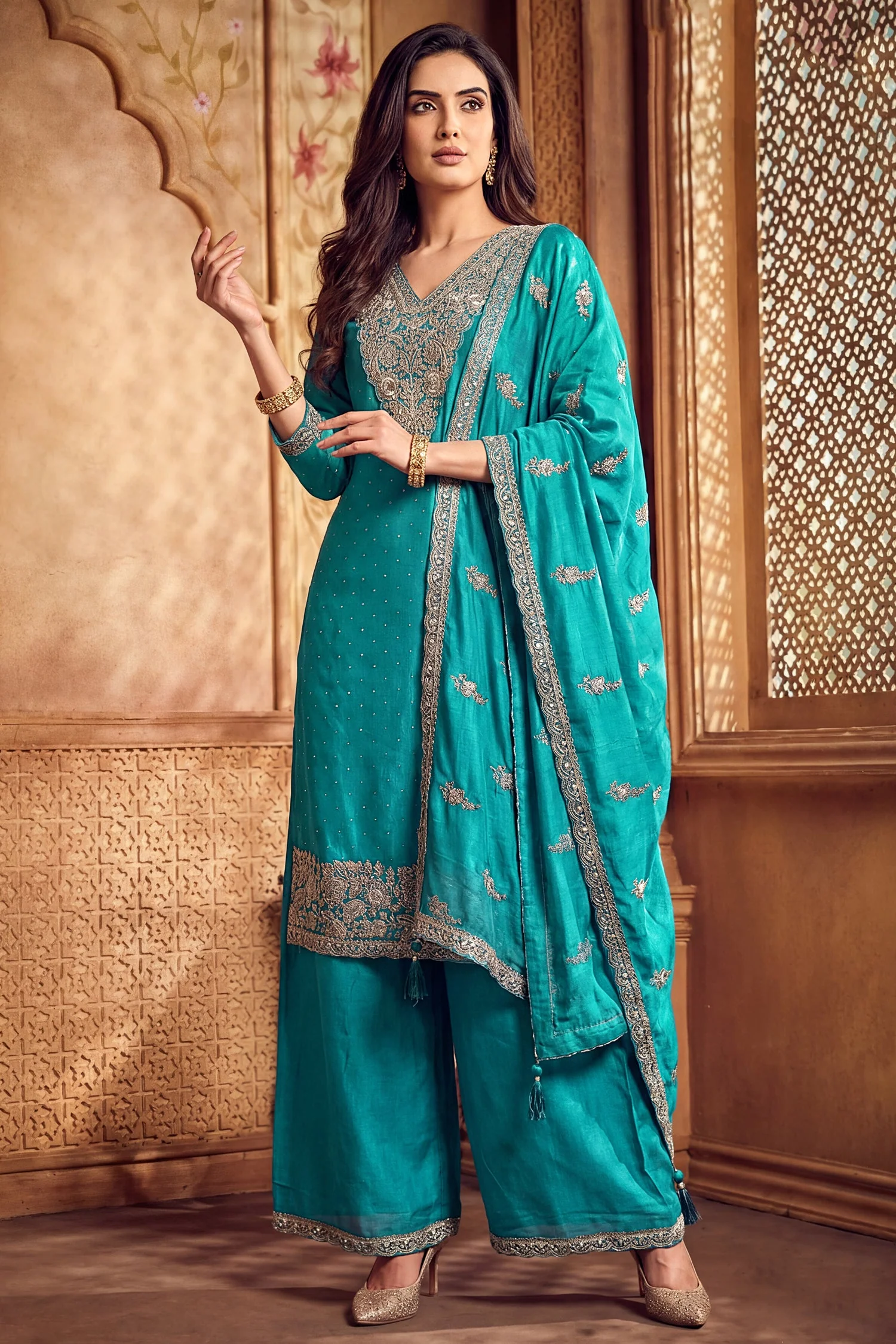 Turquoise Blue Art Silk Floral Embroidered Palazzo Suit - Image 3