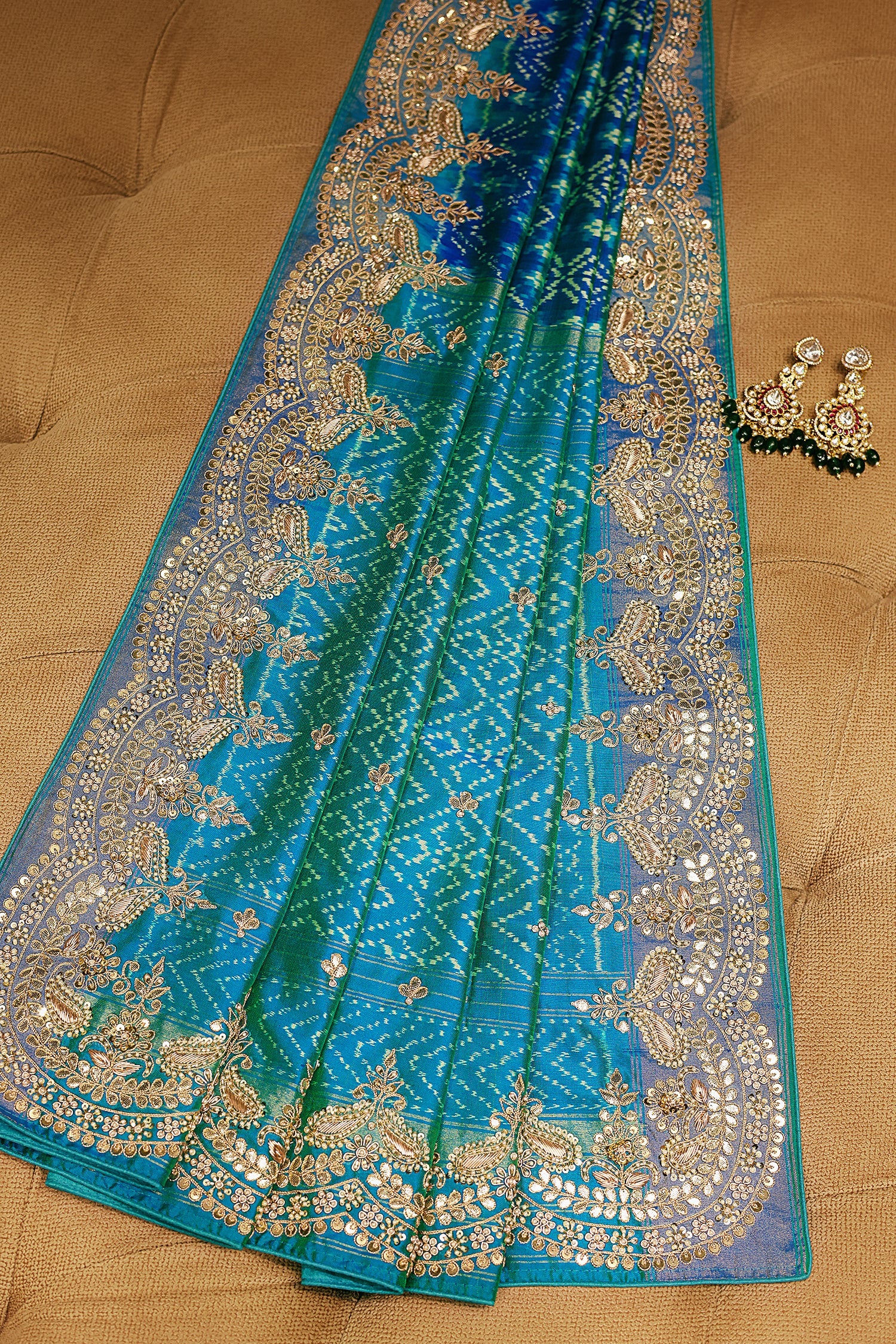 Turquoise Blue Silk Patola Saree with Zardosi Sequin Worked Scallop Border - Image 3