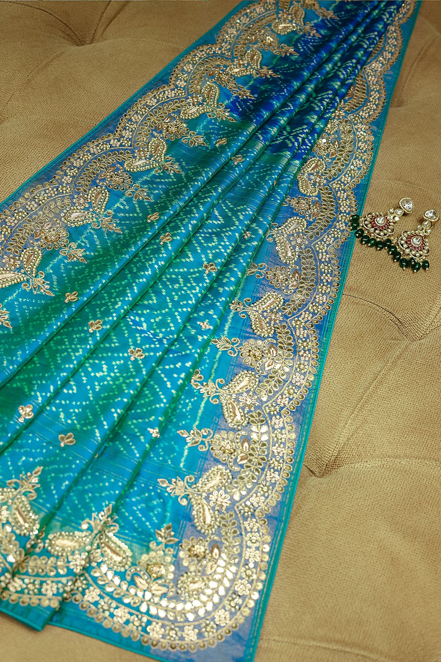 Turquoise Blue Silk Patola Saree with Zardosi Sequin Worked Scallop Border - Image 4