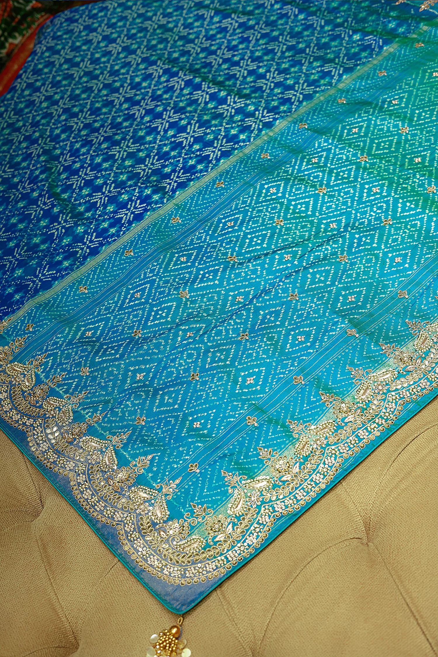 Turquoise Blue Silk Patola Saree with Zardosi Sequin Worked Scallop Border - Image 5