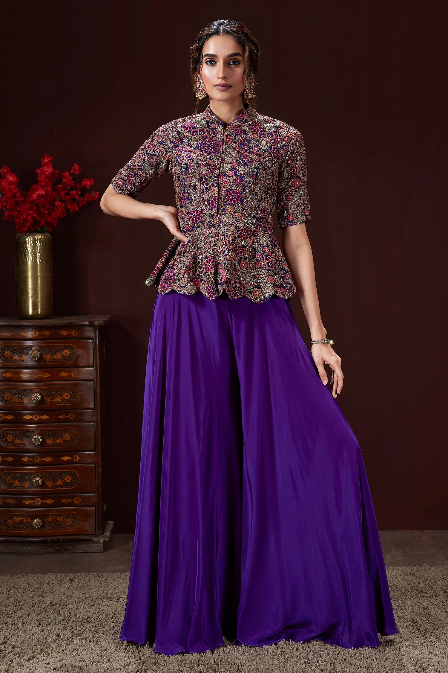 Violet Purple Silk Sequin Embroidery Peplum Top and Palazzo Set - Image 2