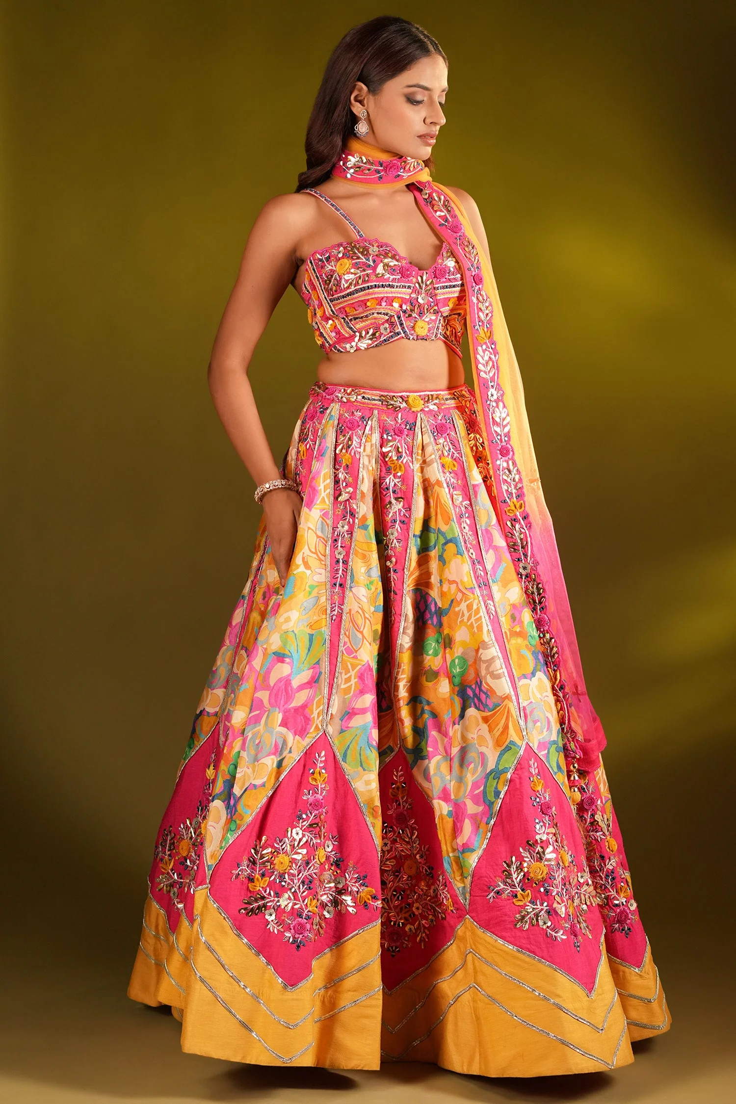 Yellow and Pink Crepe Silk Floral Printed and Embroidered Designer Lehenga - Image 2
