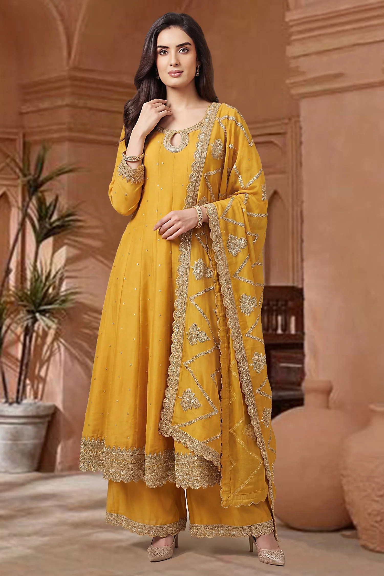 Yellow Art Silk Embroidered Anarkali Palazzo Suit - Image 3