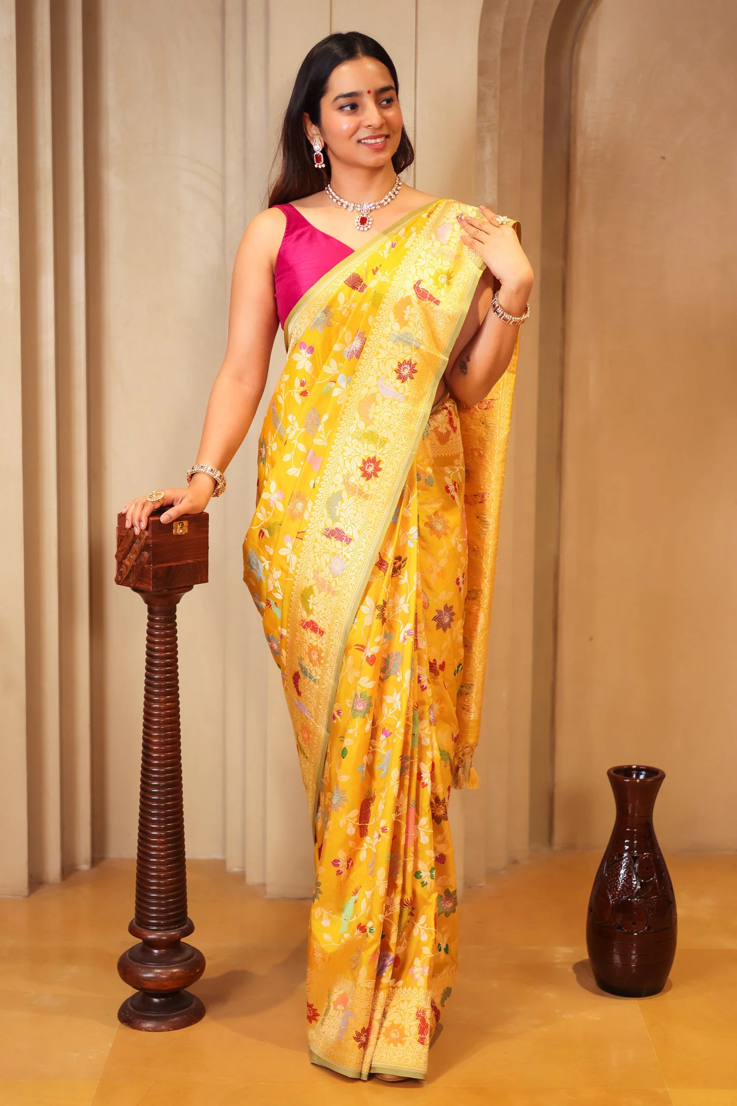 Yellow Banarasi Silk Real Zari Kadva Woven Saree - Image 2