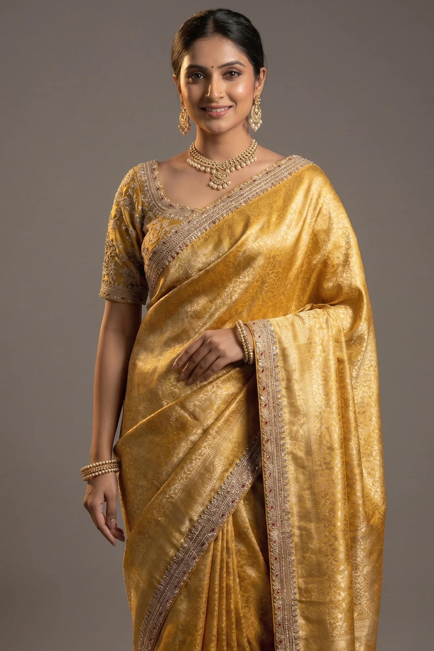 Yellow Dola Silk Woven Saree with Designer Zardosi Worked Readymade Blouse - Image 2