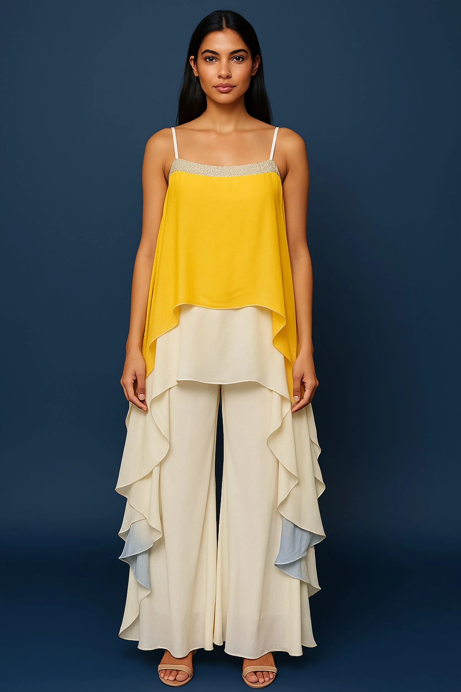 Yellow Georgette Square Neck High and Low Layered Asymmetric Hem Detail Co-Ord Set