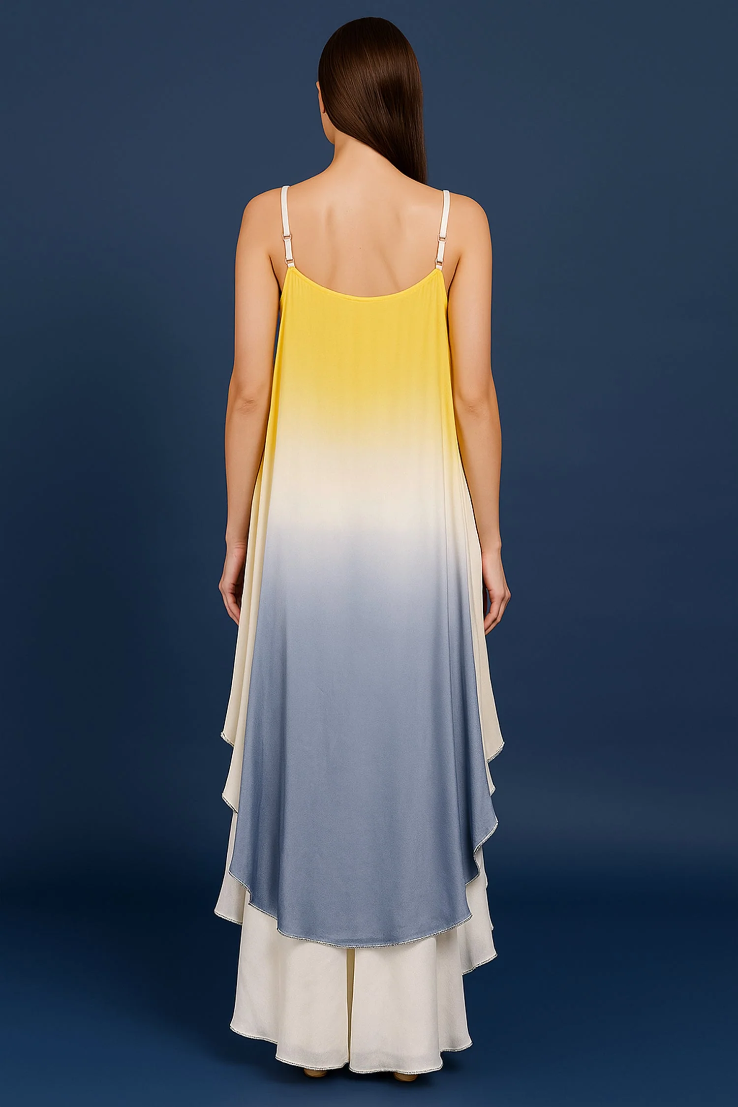 Yellow Georgette Square Neck High and Low Layered Asymmetric Hem Detail Co-Ord Set - Image 2