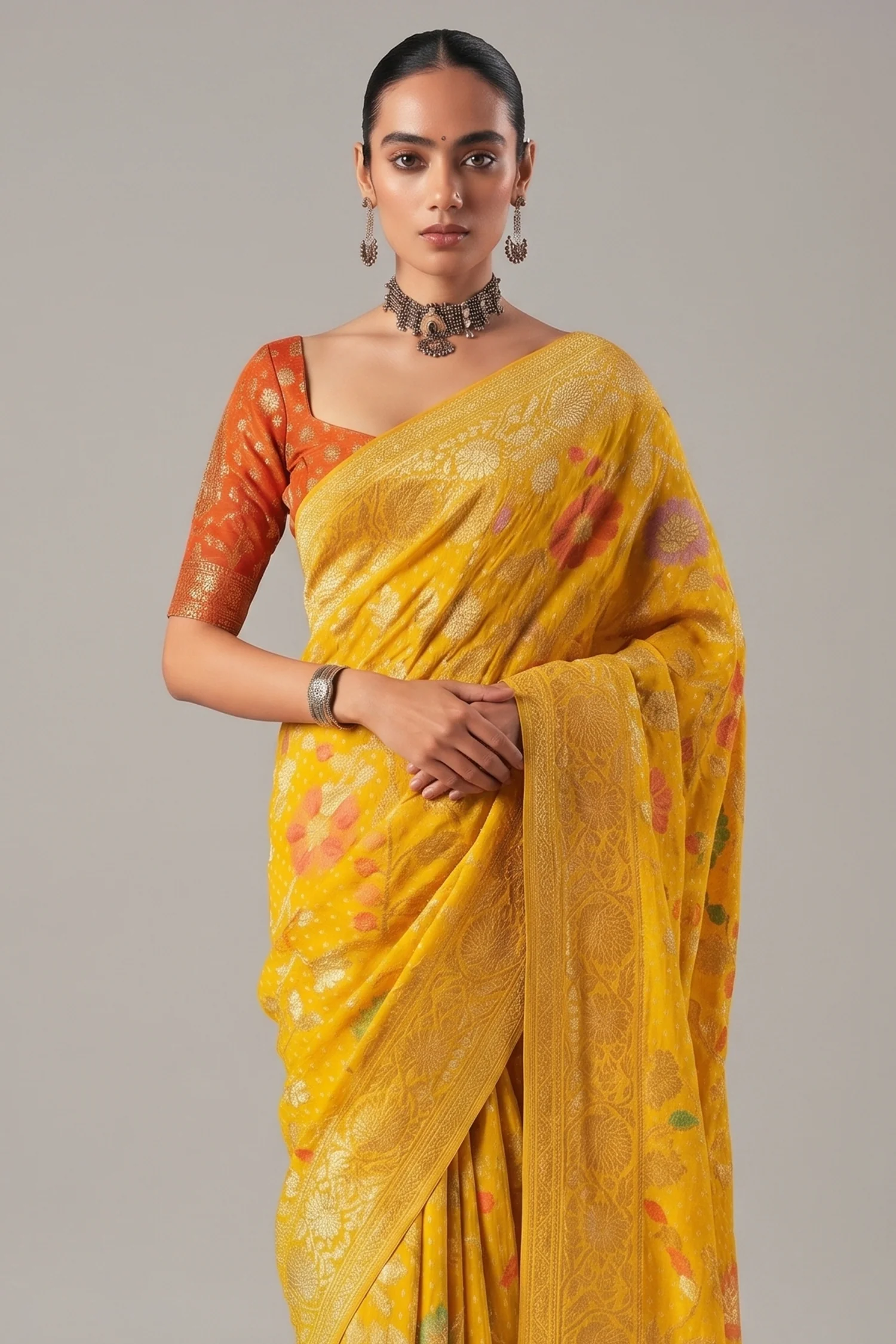 Yellow Georgette Traditional Bandhej Weaving Saree - Image 2