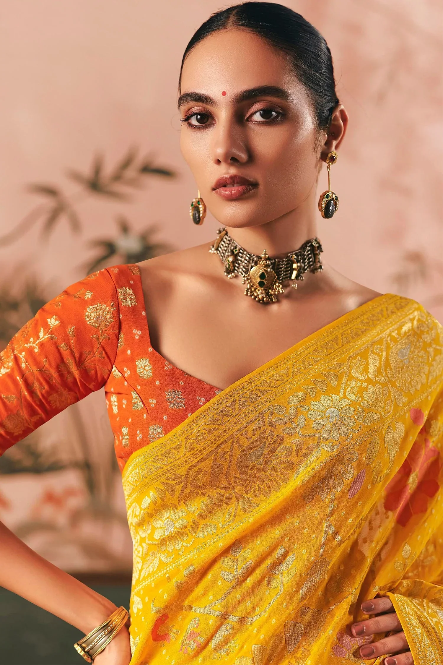 Yellow Georgette Traditional Bandhej Weaving Saree - Image 4