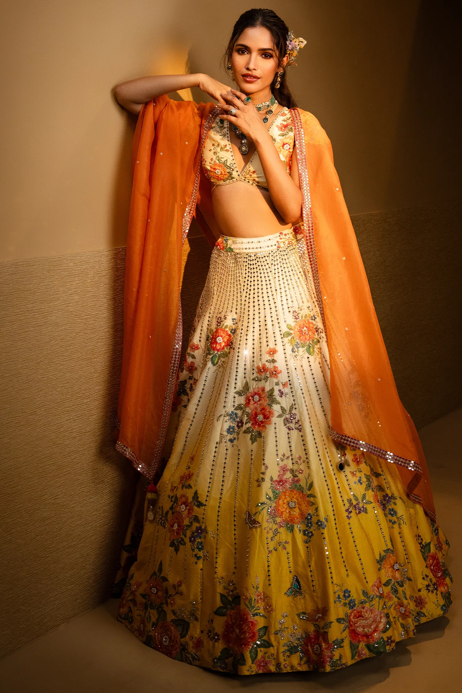 Yellow Ombre Raw Silk Designer Floral Motifs and Mirror Worked Lehenga with Deep V Neckline Blouse - Image 3