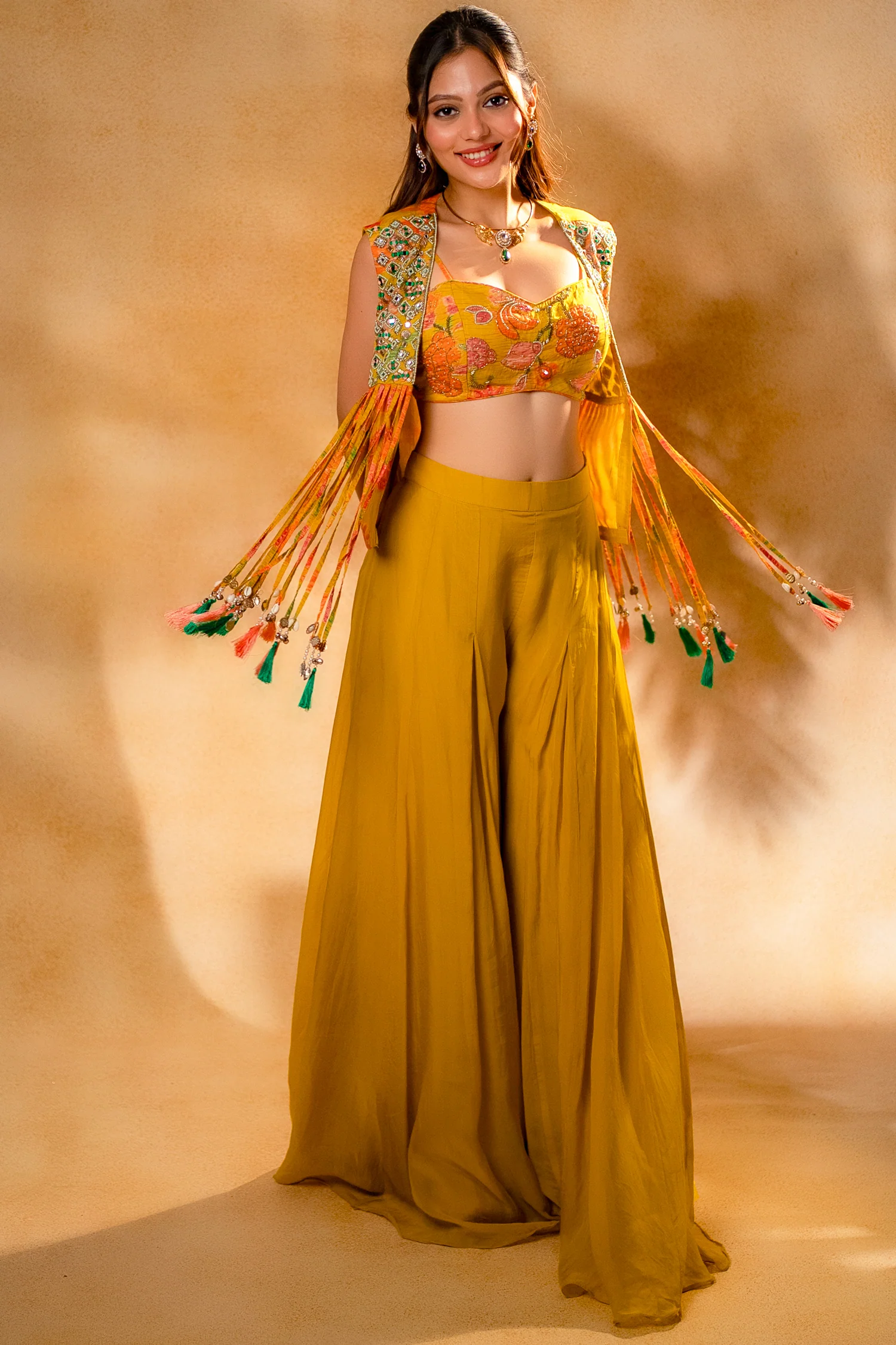Yellow Organza Crop Top Palazzo Set with Mirror Worked Jacket - Image 3
