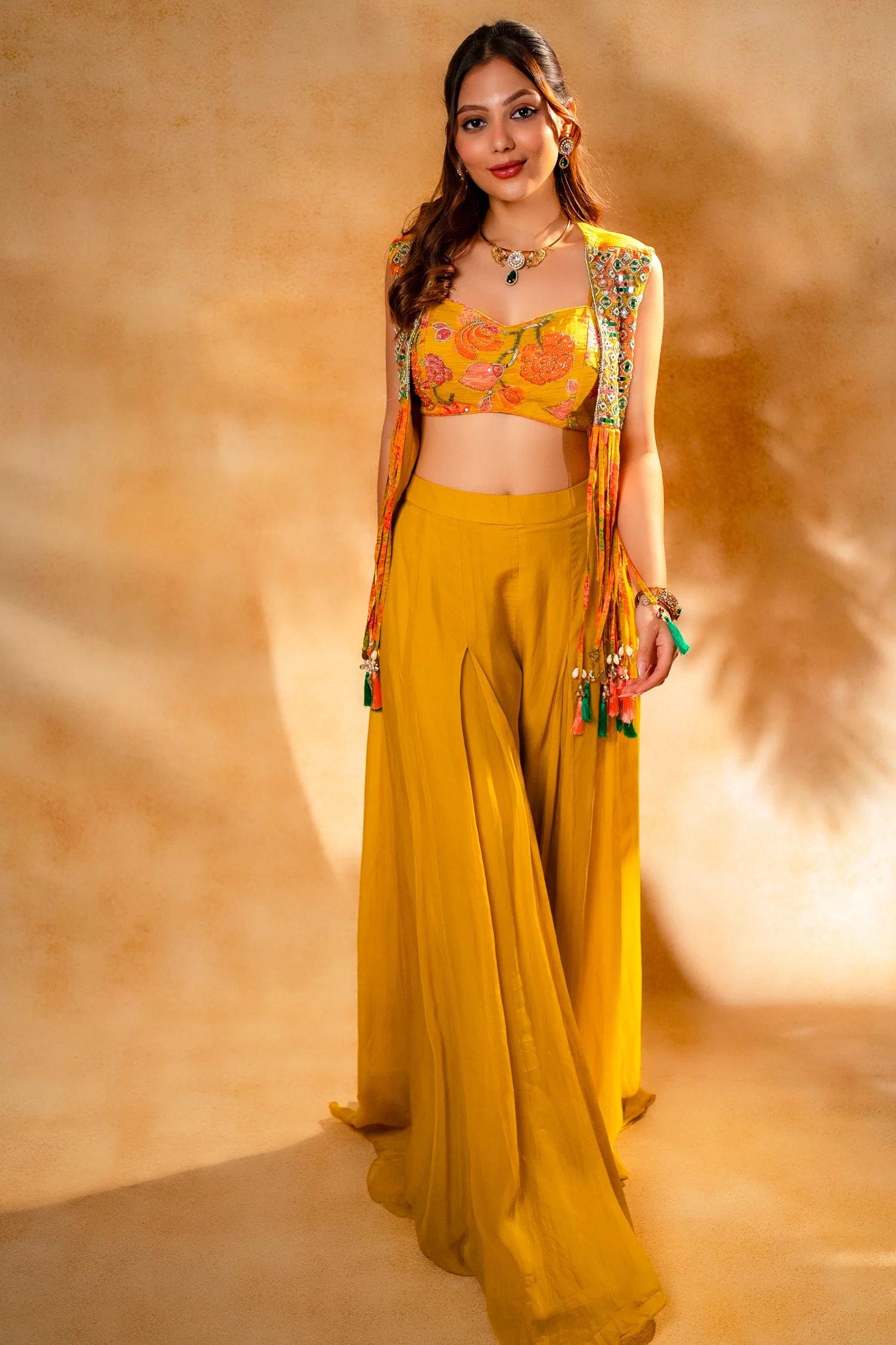 Yellow Organza Crop Top Palazzo Set with Mirror Worked Jacket - Image 4