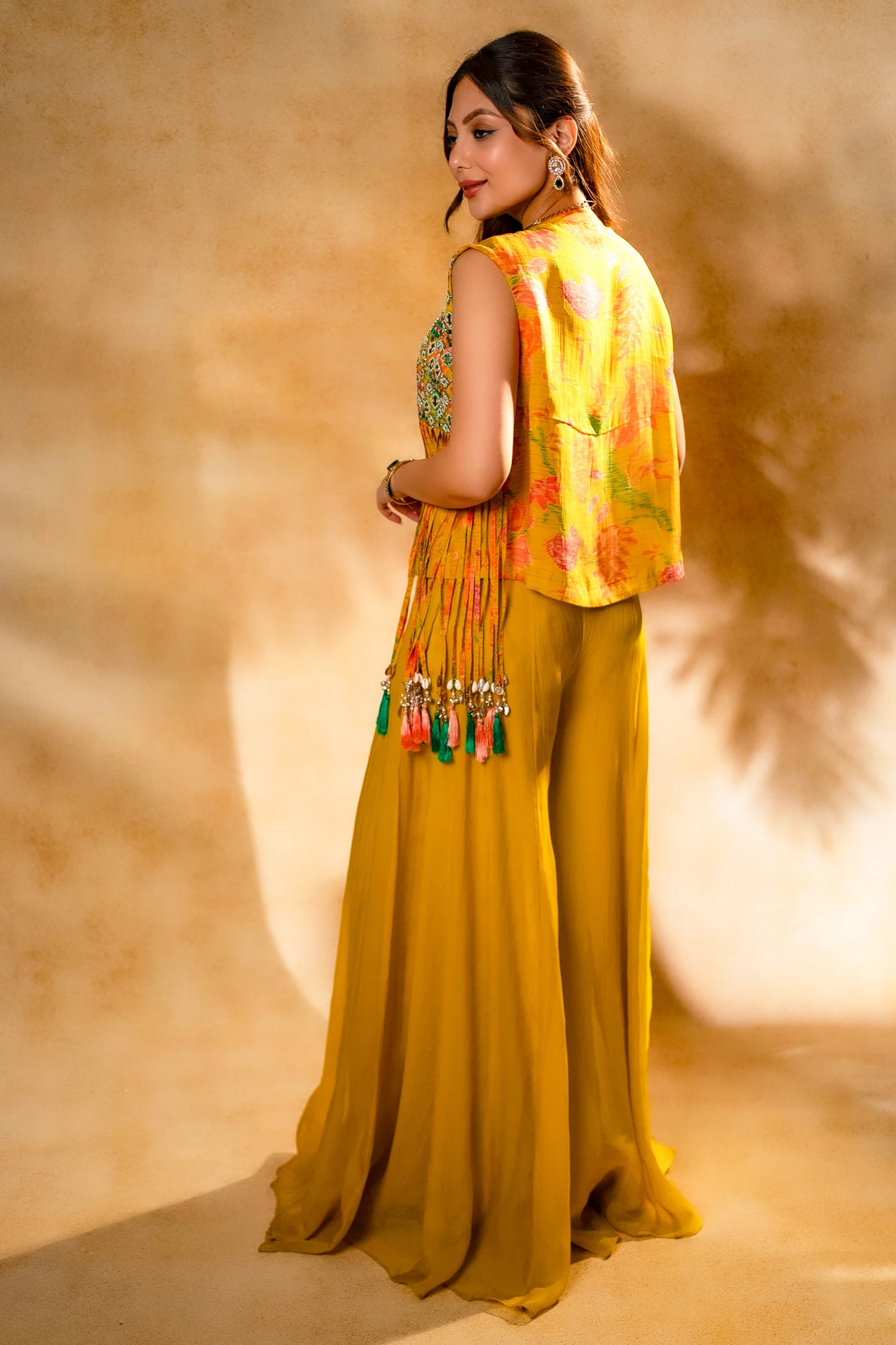 Yellow Organza Crop Top Palazzo Set with Mirror Worked Jacket - Image 5