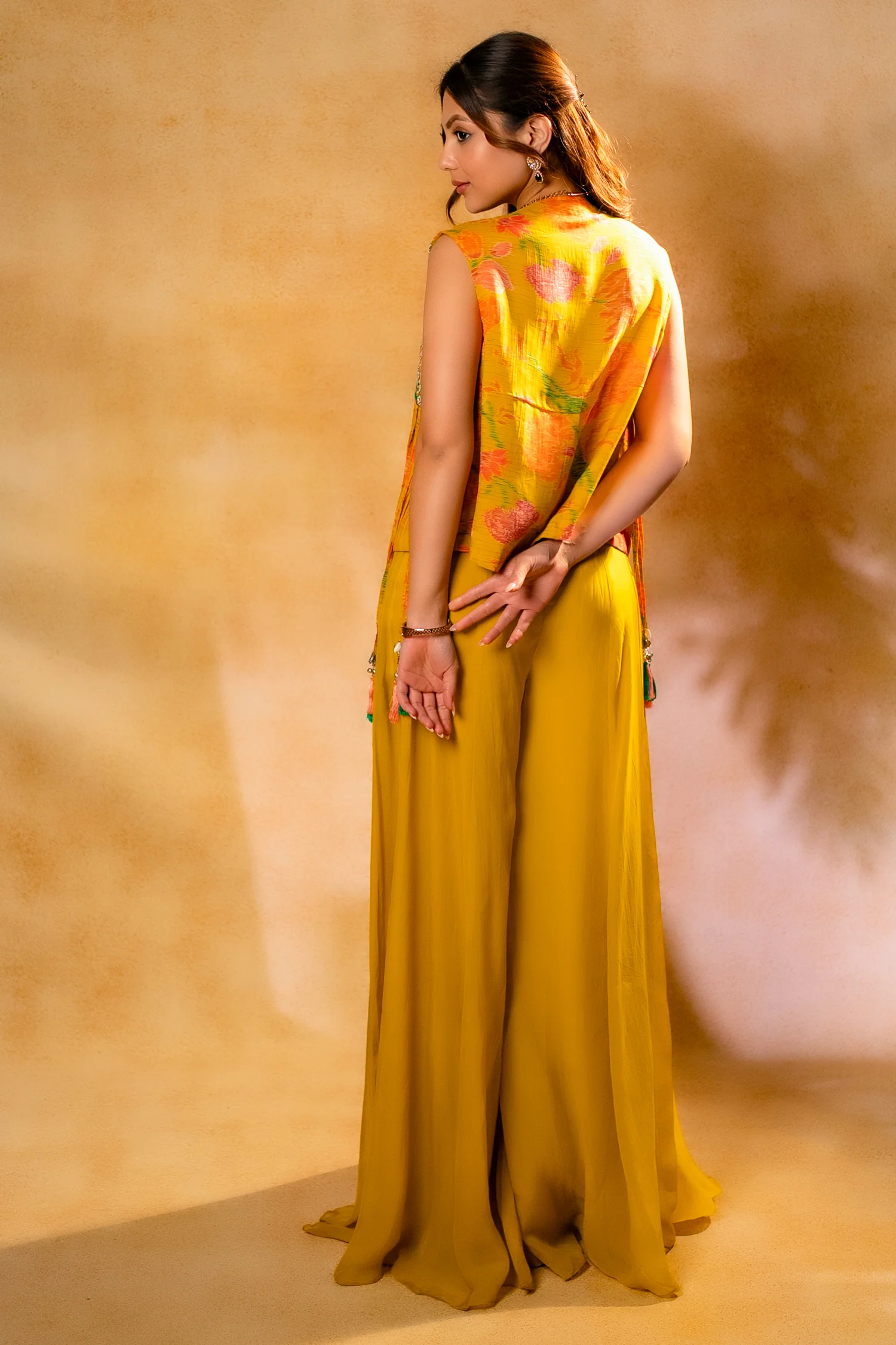 Yellow Organza Crop Top Palazzo Set with Mirror Worked Jacket - Image 6