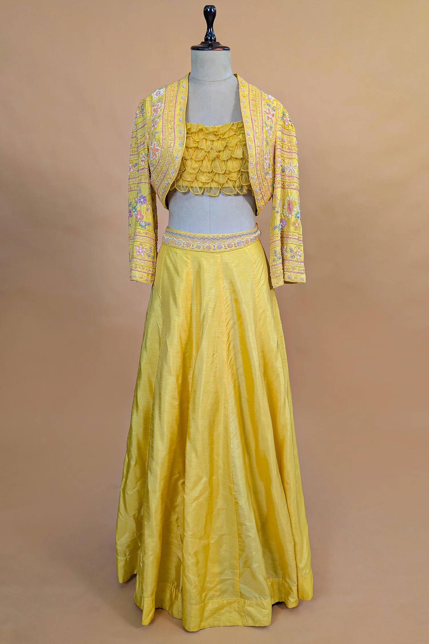 Yellow Organza Crop Top Skirt Set with Beaded Bolero Jacket - Image 3