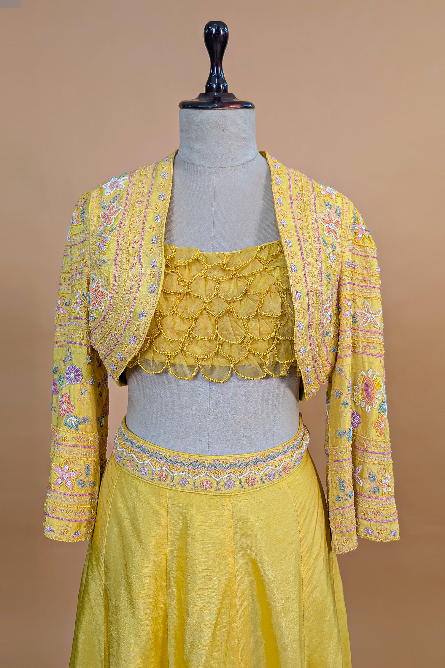 Yellow Organza Crop Top Skirt Set with Beaded Bolero Jacket - Image 4
