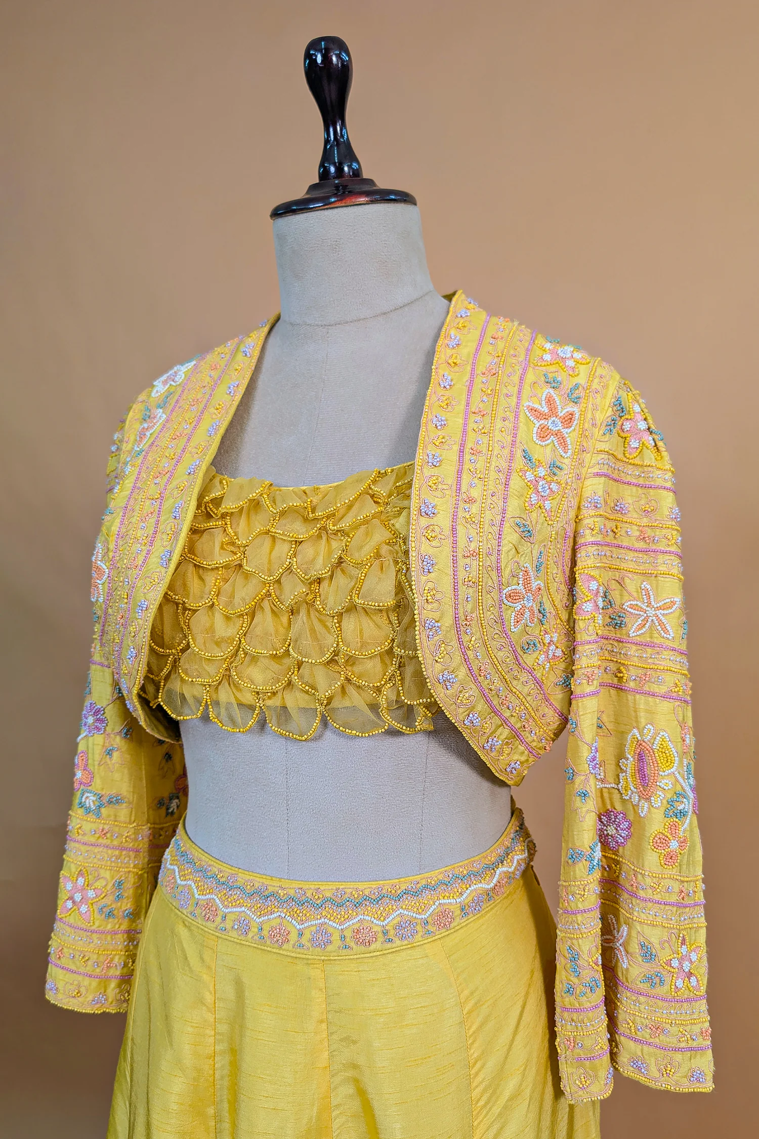Yellow Organza Crop Top Skirt Set with Beaded Bolero Jacket - Image 5