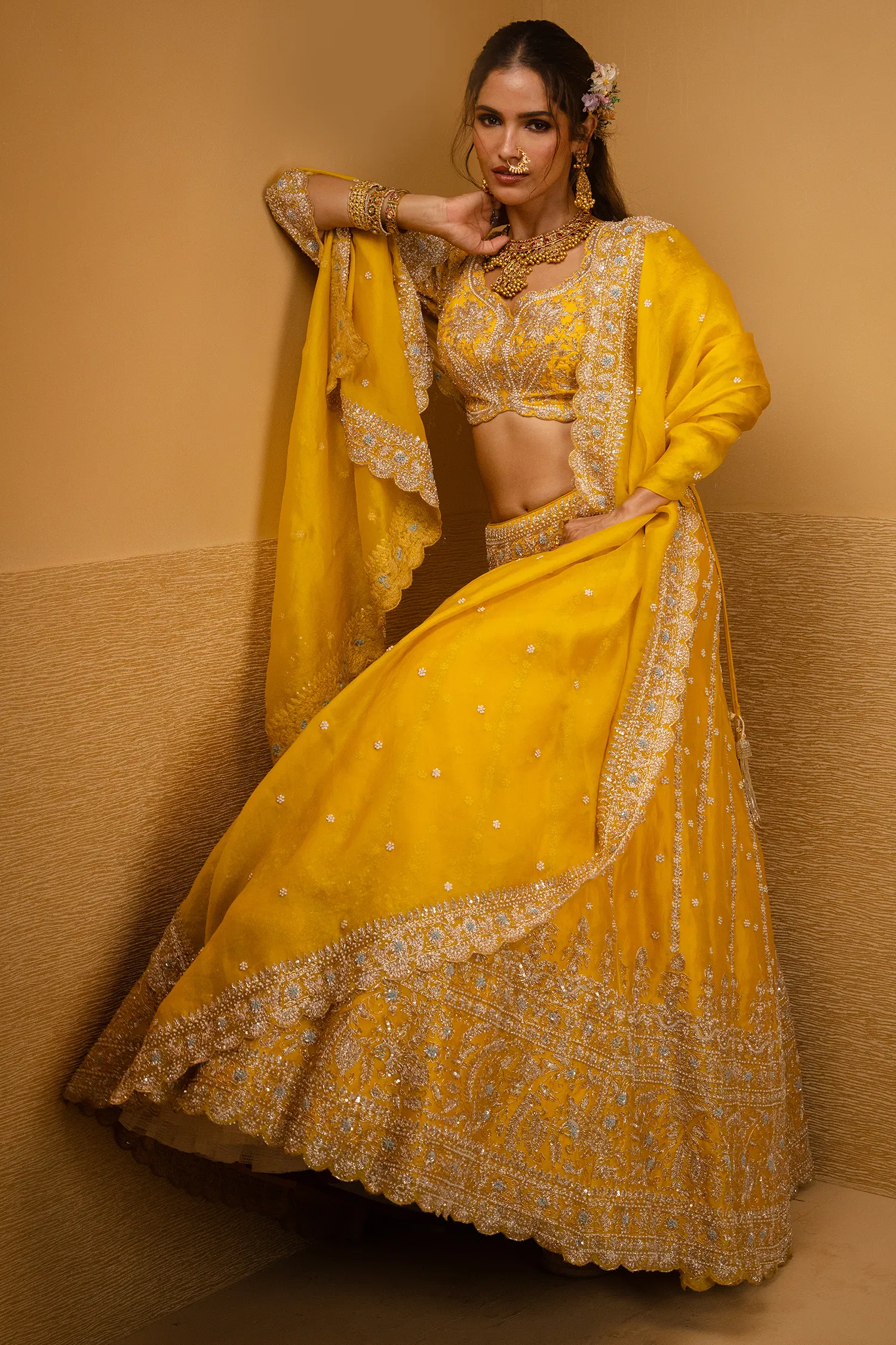 Yellow Organza Handworked Designer Lehenga with Sequin and Beaded Detailing - Image 3