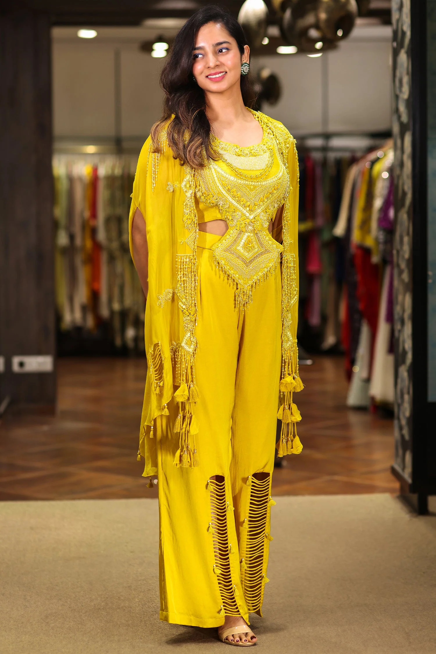 Yellow Raw Silk Designer Heavy Worked Crop Top Palazzo with Jacket - Image 2
